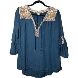 BKE x GIMMICKS Tasseled Peasant Top Womens Sz M Boho Bohemian Tasseled Hippie